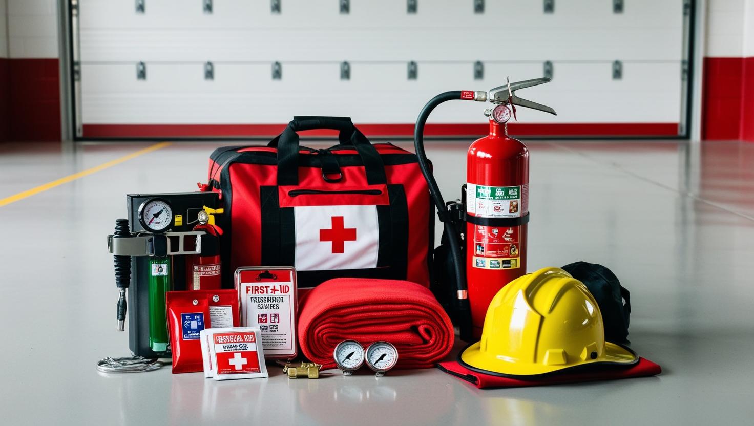 create a photo of fire safety and rescue equipment including first aid kit