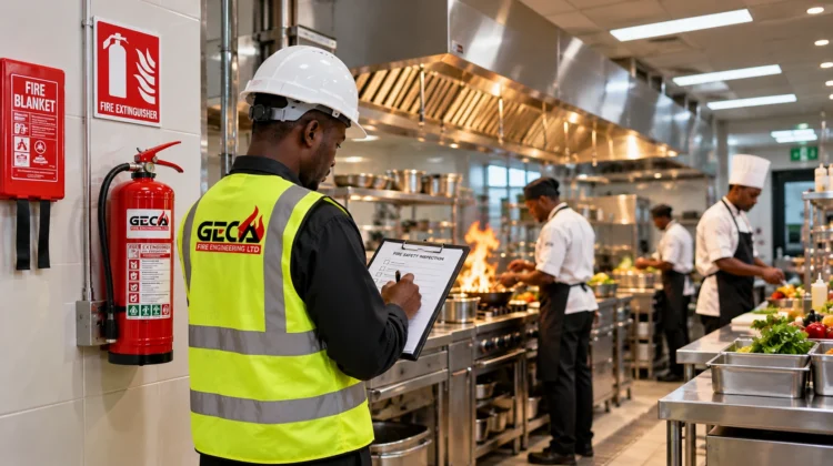 Hotel fire safety in Kenya with fire protection equipment in a commercial kitchen