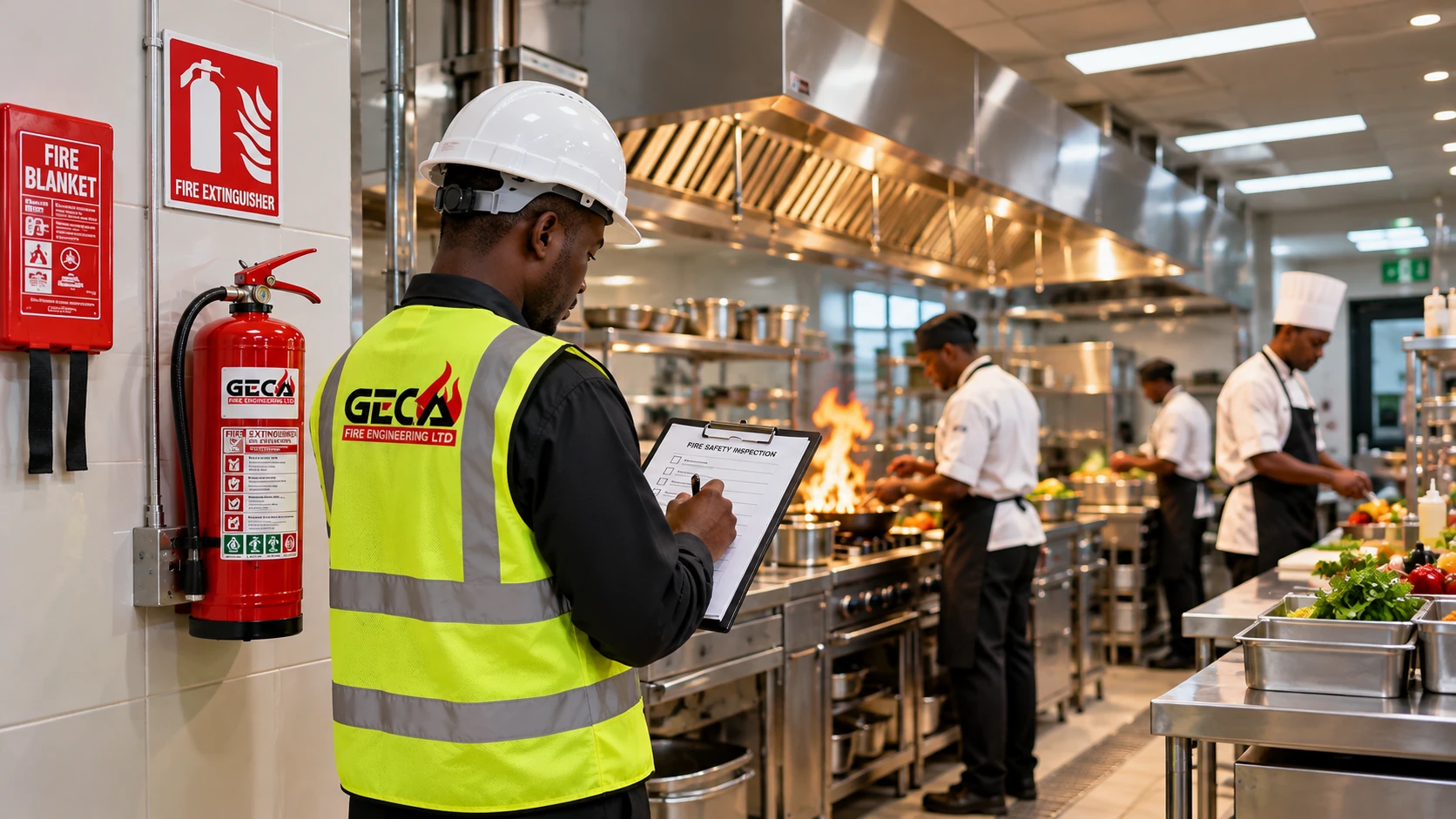 Hotel fire safety in Kenya with fire protection equipment in a commercial kitchen